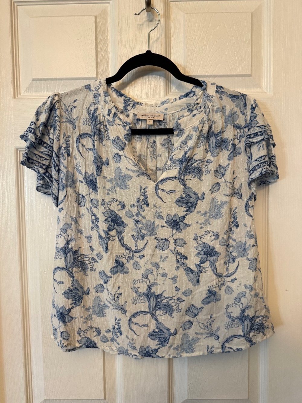 Laura Ashley Blue & White Floral Print Blouse with Ruffle Sleeves, Size L